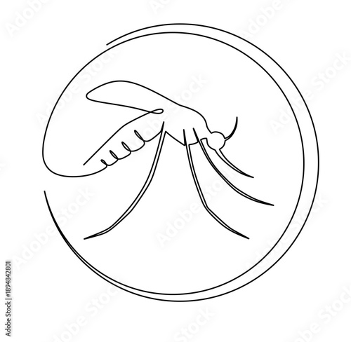 Continuous line art of a mosquito with a round frame. This icon is for a mosquito repellent store sticker. Vector illustration.