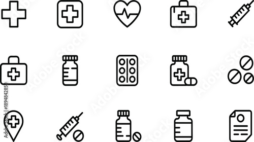 Medical including cross first aid kit syringe pills heartbeat and document healthcare