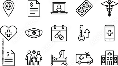 Medical healthcare including hospital building ambulance family and pills medical healthcare hospital building