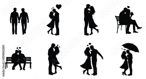 Collection of silhouettes of lovers in romantic poses