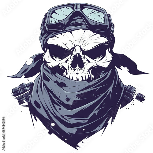 Stylized illustration of a menacing skull wearing a bandana and aviator goggles, with a dark and gritty biker aesthetic.
