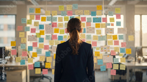 Business Woman Planning a Strategy in Front of a Wall Covered in Colorful Sticky Notes