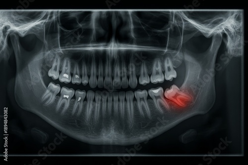 Dental panoramic X-ray image showing impacted wisdom tooth highlighted in red on dark background, used for diagnosis and oral surgery planning. Ai generative