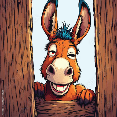 Funny cartoon donkey vector illustration with toothy grin and blue hair peeking through rustic wooden fence