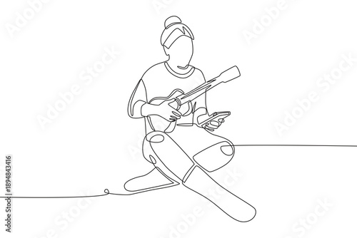 Woman learning to play guitar. Learning new skills concept one-line drawing