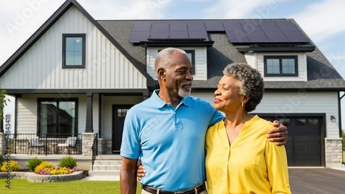 Happy Senior Black Couple Smiling Proudly in Front of House with Solar Panels