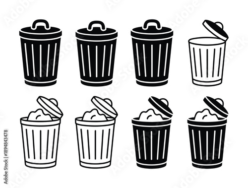 Collection of Trash Can Closed, Open, and Full Vector illustration