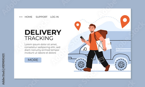 Delivery cargo transportation mobile app web banner design template vector illustration. Online delivery service concept, online order tracking