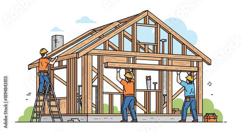Construction workers building a wooden house frame on a sunny day.