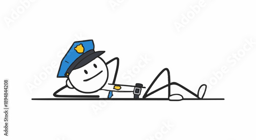Stick figure police officer relaxing on duty checking watch.