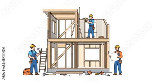 Construction workers building a wooden house frame structure.