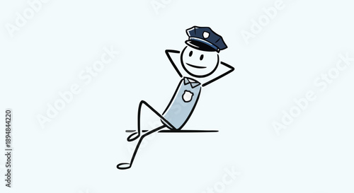 Stick figure police officer relaxing on duty with hands behind head.