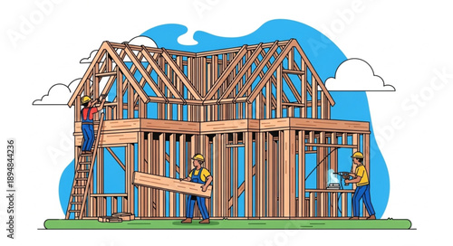 Construction workers building a wooden house frame structure.