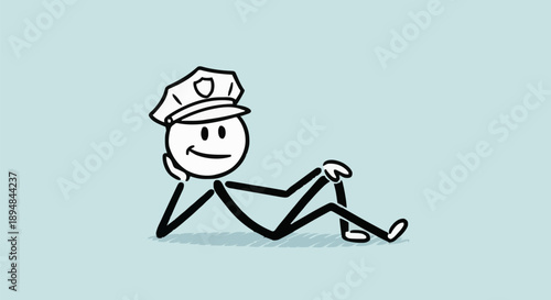Stick figure police officer relaxing with a smile.