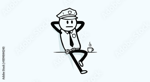 Stick figure police officer relaxing with coffee break.