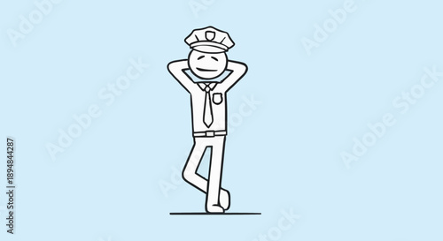 Stick figure police officer relaxing with hands behind head.