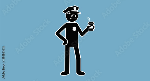 Stick Figure Police Officer Holding Coffee Cup.