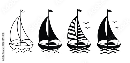 Four Stylized Sailboats on Water with Birds Vector illustration