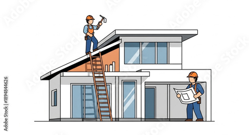 Construction workers building a modern house with blueprints.