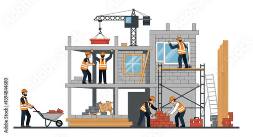 Construction workers building a modern house with crane and scaffolding.