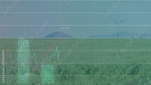 Animation of multiple graphs with changing numbers over windmills on grassy land against sky
