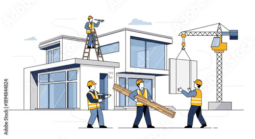 Construction workers building a modern house with crane.