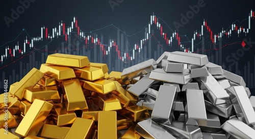 Gold and Silver Bars with Stock Market Chart Background