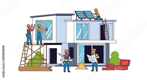 Construction workers building a modern house with solar panels.