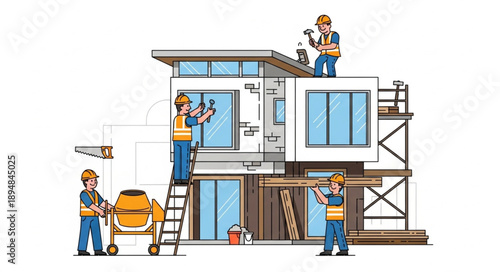 Construction workers building a modern house with tools and equipment.