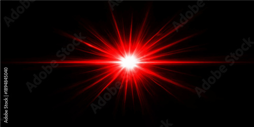 An abstract design of a glowing red star explosion with orange fire rays and bright energy flashes shining against a black space background texture