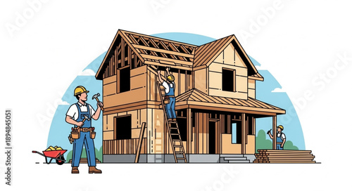 Construction workers building a new house frame exterior.