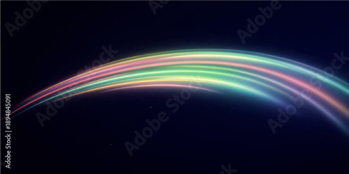 Abstract colorful rainbow wave lines create a futuristic energy motion design with a bright glow pattern against a black space night backdrop