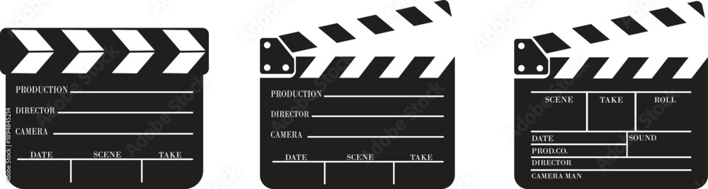 Obraz premium Clapper board film production vector icon set for cinema video editing isolated flat design illustration for movie industry set collection group creative media symbol Opened and closed movie clapper.