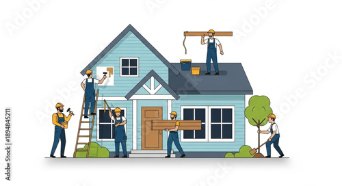 Construction workers building a new house together on a white background.