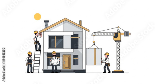 Construction workers building a new house with crane and ladder.