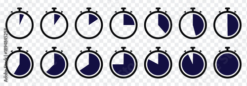 Timer icon. Stopwatch countdown sign. Stopwatch Clock with Different Time Segments Vector. Stopwatch symbol set.
