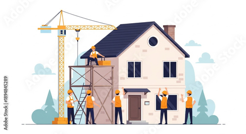 Construction workers building a new house with crane.
