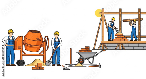 Construction workers building a structure with cement mixer and bricks.