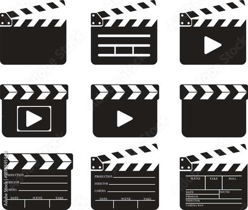 Clapper board film production vector icon set for cinema video editing isolated flat design illustration for movie industry set collection group creative media symbol Opened and closed movie clapper.