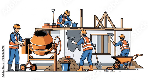 Construction workers building a structure with cement mixer and wheelbarrow.