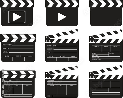 Clapper board film production vector icon set for cinema video editing isolated flat design illustration for movie industry set collection group creative media symbol Opened and closed movie clapper.