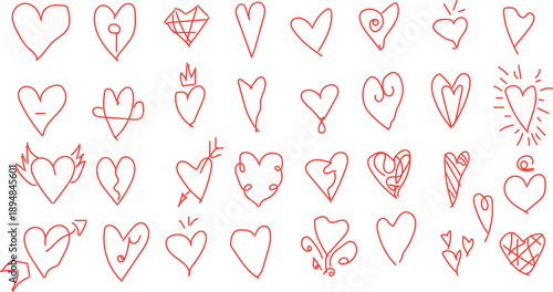  collection of hand-drawn heart doodles in various styles. 