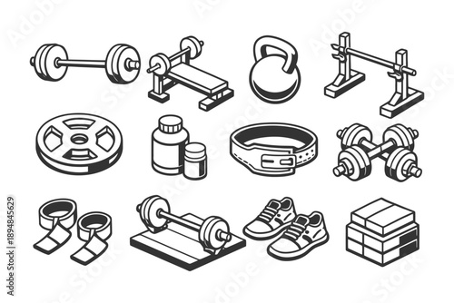 Fitness equipment icons: dumbbells, kettlebell, bench, supplements, and more.