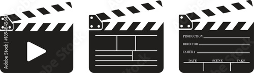 Clapper board film production vector icon set for cinema video editing isolated flat design illustration for movie industry set collection group creative media symbol Opened and closed movie clapper.