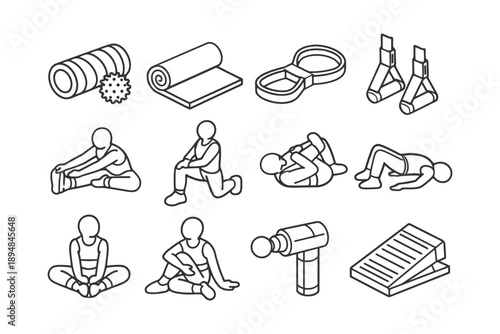 Fitness icons: stretching exercises and equipment line art illustration.