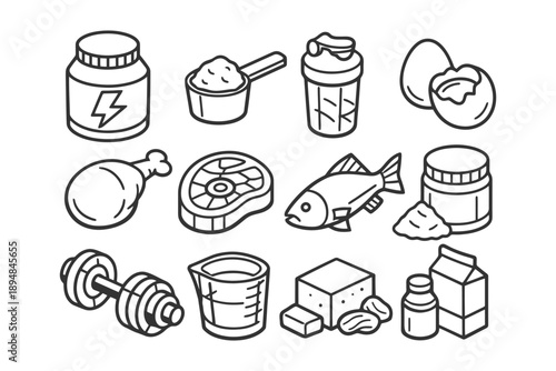 Hand-drawn fitness and nutrition icons with protein sources and sports equipment.