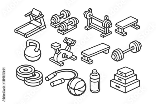 Outline icons of gym equipment: treadmill, dumbbells, bench, kettlebell, exercise bike.