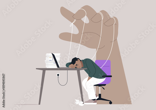 Exhausted person sits at a desk overwhelmed by towering stacks of papers, appearing defeated as a large hand pulls strings from above, showcasing the stress of manipulation at workplace