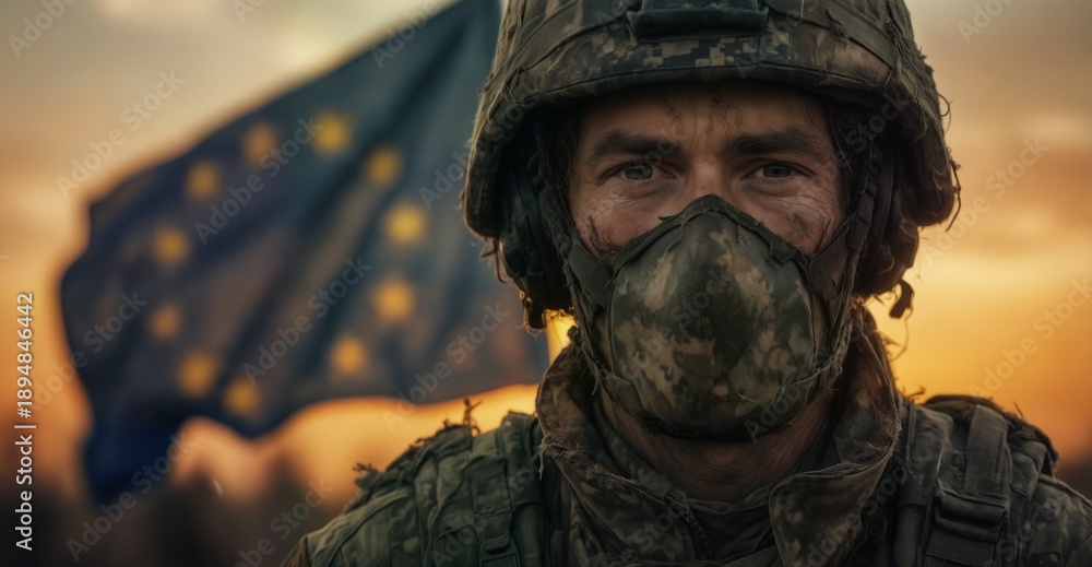 Fototapeta premium determined soldier with dirty face and european union flag in background