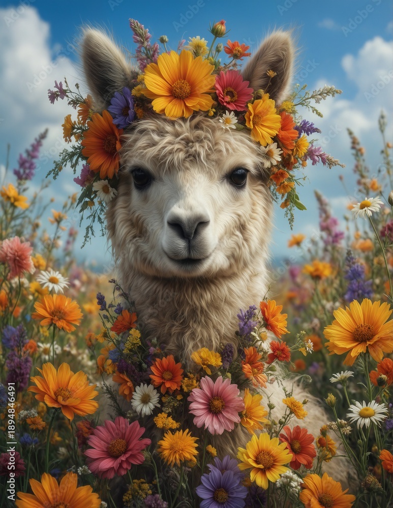 Fototapeta premium adorable alpaca wearing a vibrant wildflower crown in a colorful meadow.